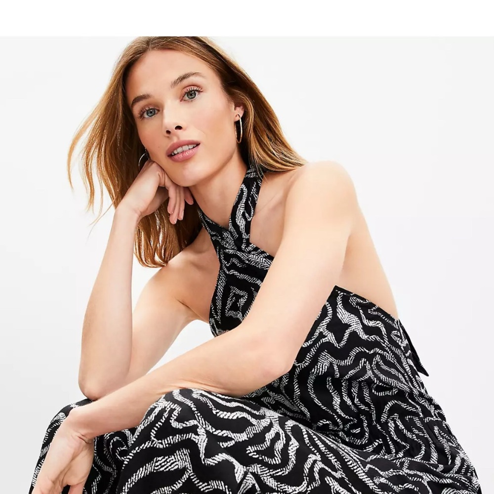 LOFT Black and White Halter-Style Patterned Jumpsuit